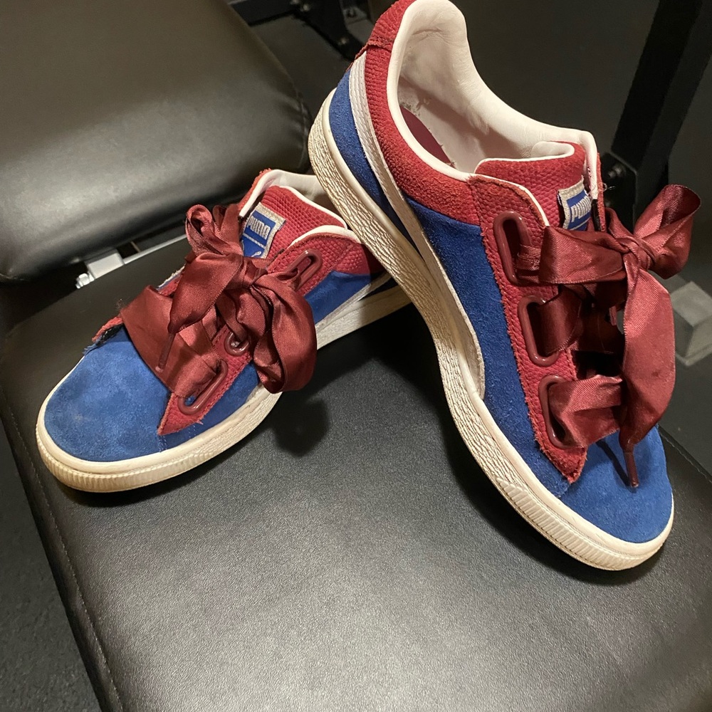 PUMA Suede Heart Satin Lapis Blue, Urban Red sneakers with x wide ribbon lace